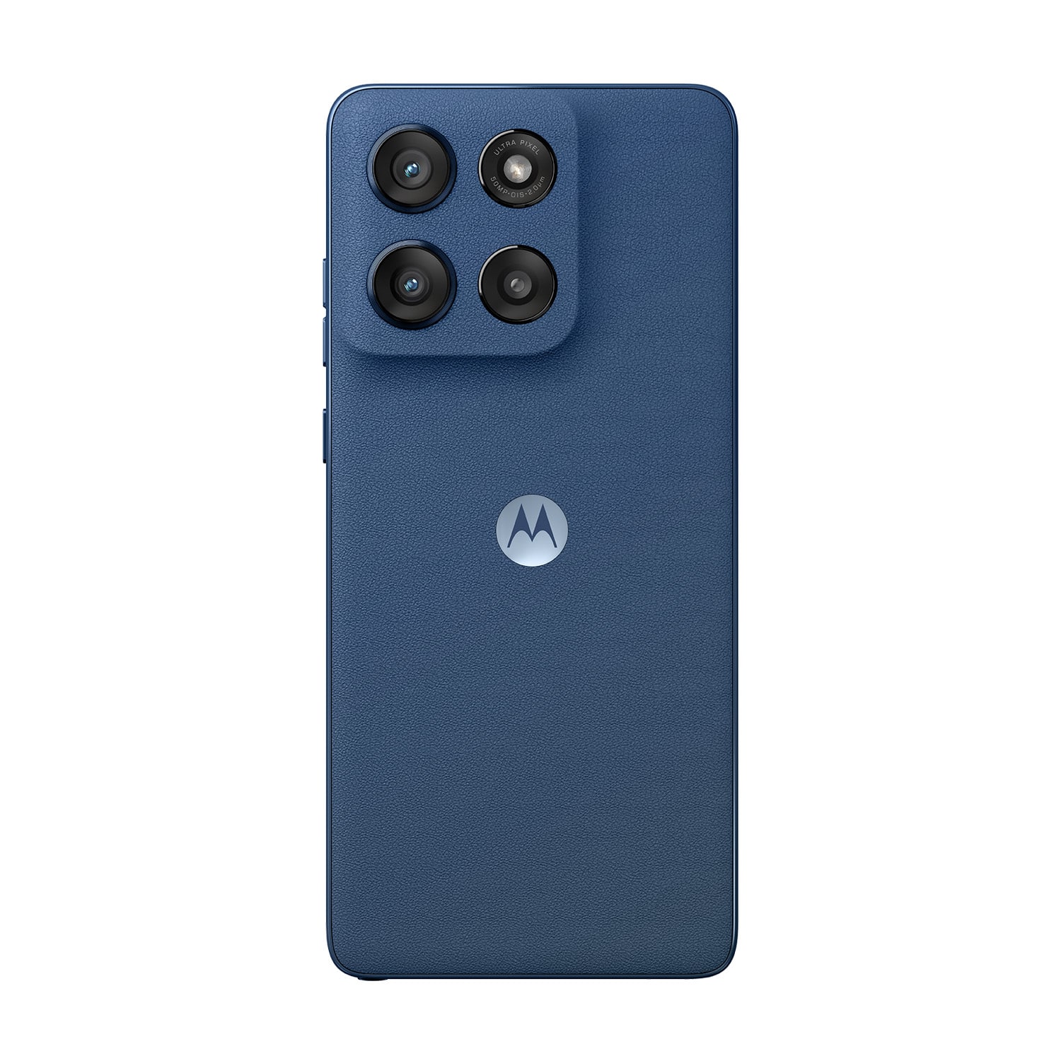 The image shows a blue cell phone with a camera on the back. The camera has a total of four lenses, which suggests that it is a high-quality camera phone. The phone is made by Motorola, as indicated by the brand name on the back. The phone is displayed in a close-up shot, showcasing its design and features.
