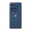 The image shows a blue cell phone with a camera on the back. The camera has a total of four lenses, which suggests that it is a high-quality camera phone. The phone is made by Motorola, as indicated by the brand name on the back. The phone is displayed in a close-up shot, showcasing its design and features.
