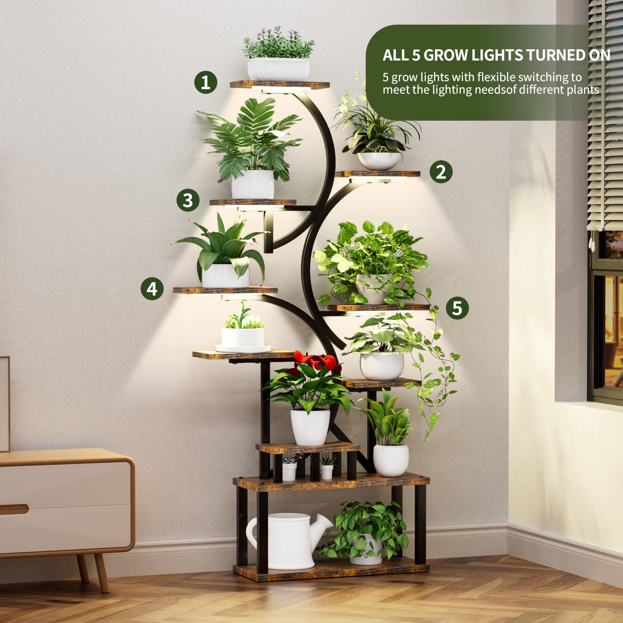 ALL 5 GROW LIGHTS TURNED ON  
5 grow lights with flexible switching to meet the lighting needs of different plants