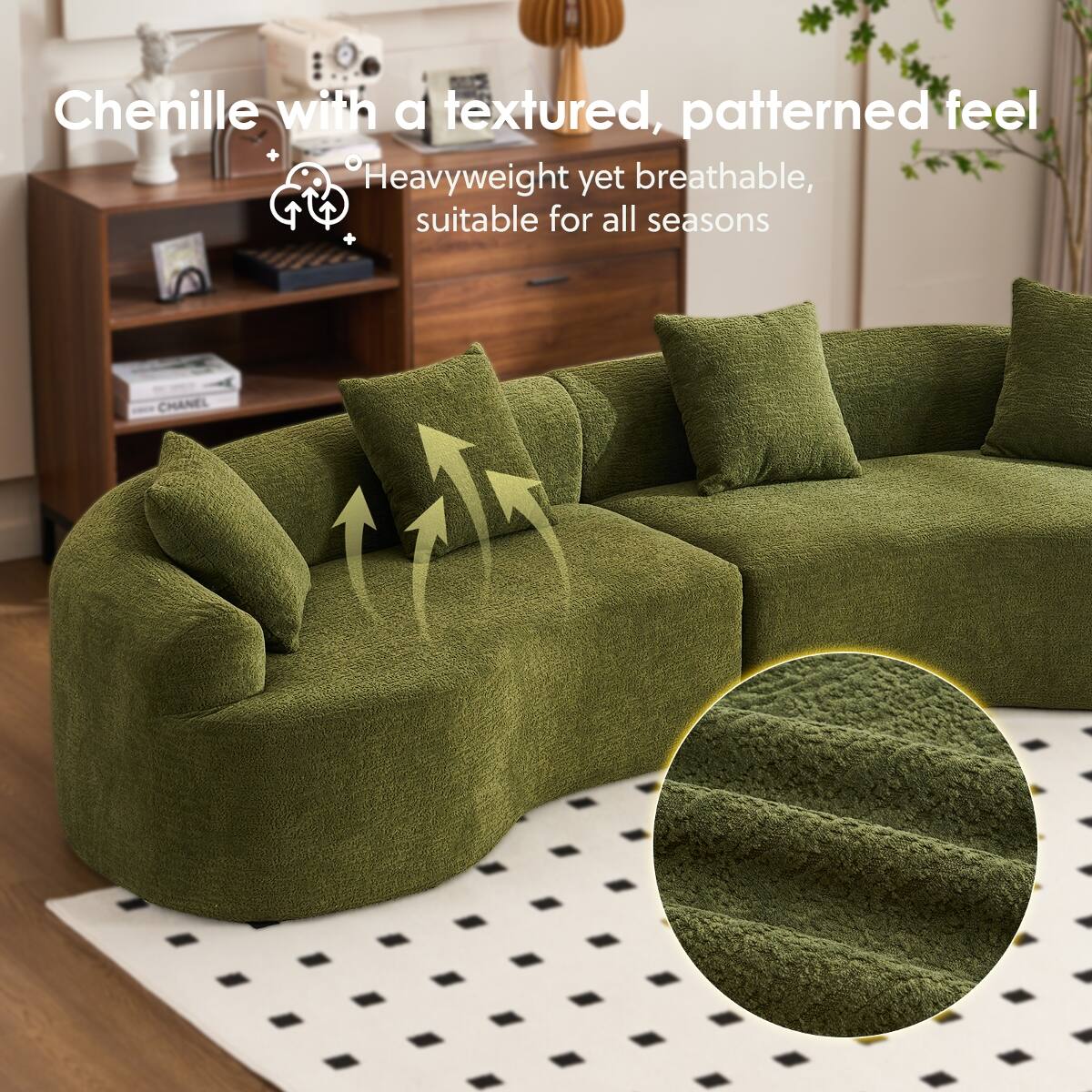 Chenille with a textured, patterned feel  
Heavyweight yet breathable, suitable for all seasons