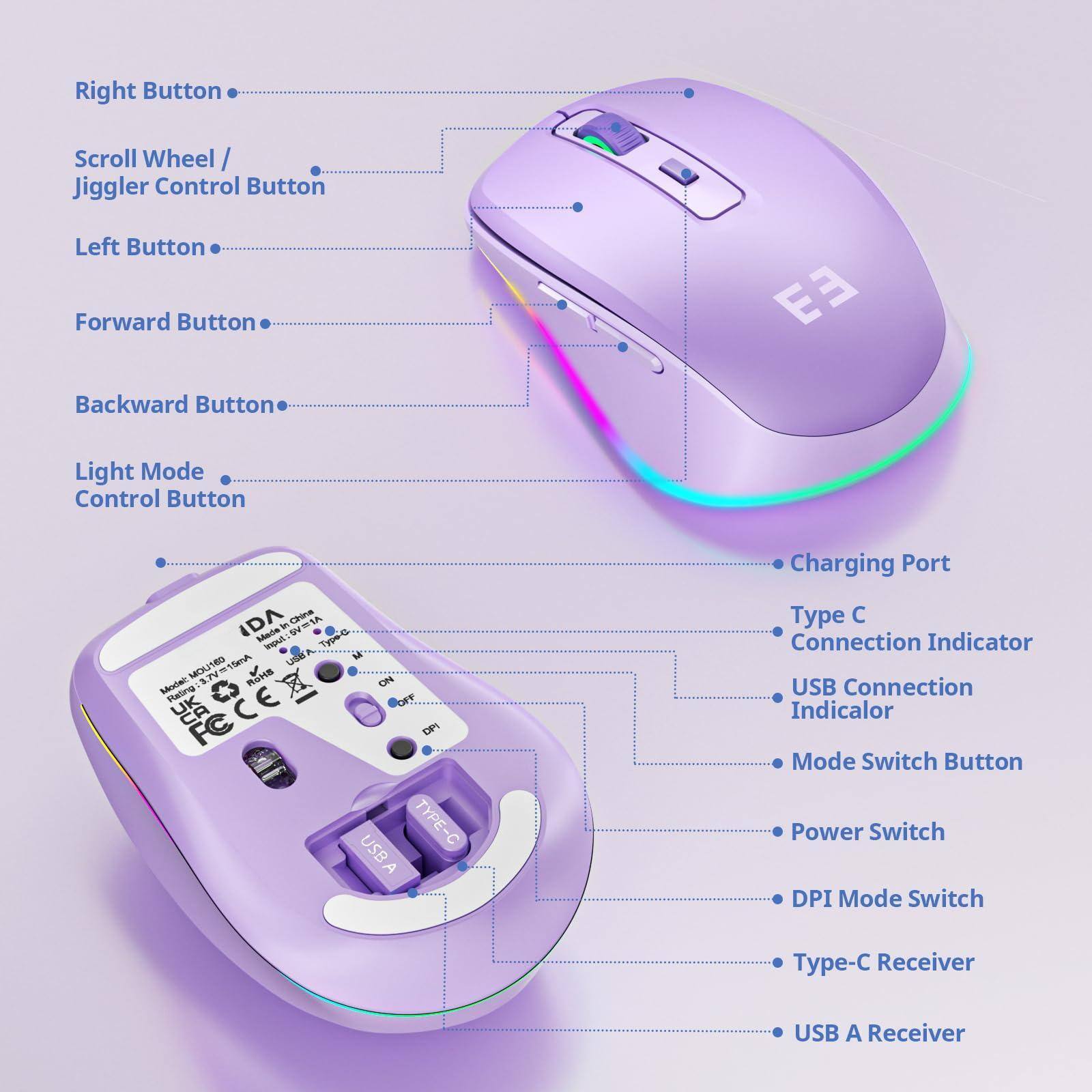 Right Button  
Scroll Wheel / Jiggler Control Button  
Left Button  
Forward Button  
Backward Button  
Light Mode Control Button  

Charging Port  
Type C Connection Indicator  
USB Connection Indicator  
Mode Switch Button  
Power Switch  
DPI Mode Switch  
Type-C Receiver  
USB A Receiver