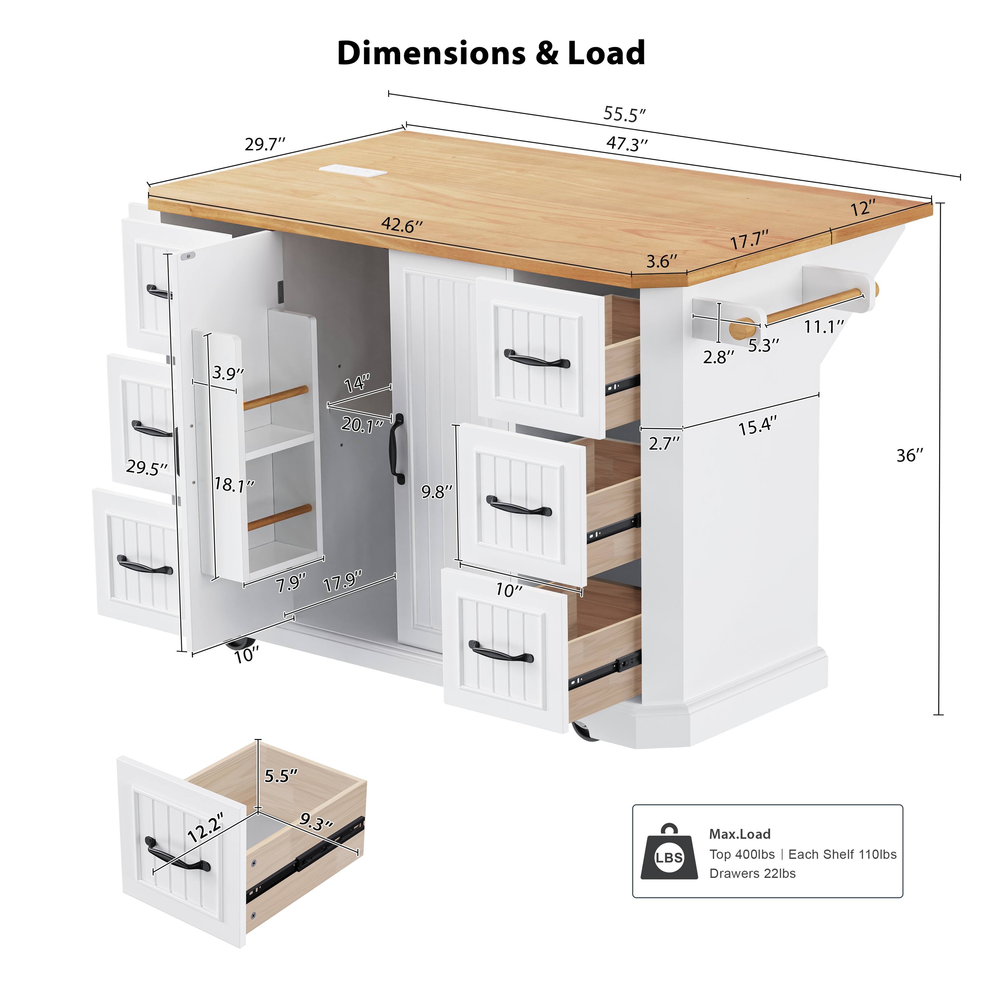 Dimensions & Load

- 55.5" (Width)
- 47.3" (Depth)
- 29.7" (Height)
- 42.6" (Top Surface)
- 17.7" (Drawer Front)
- 12" (Drawer Height)
- 3.6" (Drawer Pull)
- 11.1" (Drawer Pull)
- 5.3" (Drawer Pull)
- 2.8" (Drawer Pull)
- 15.4" (Drawer Height)
- 36" (Side Cabinet Height)
- 10" (Side Cabinet Depth)
- 10" (Side Cabinet Width)
- 5.5" (Drawer Width)
- 9.3" (Drawer Depth)
- 2.7" (Cabinet Thickness)
- 18.1" (Shelf Depth)
- 14" (Shelf Height)
- 20.1" (Shelf Height)
- 9.8" (Shelf Height)
- 3.9" (Shelf Thickness)
- 29.5" (Cabinet Height)
- 17.9" (Cabinet