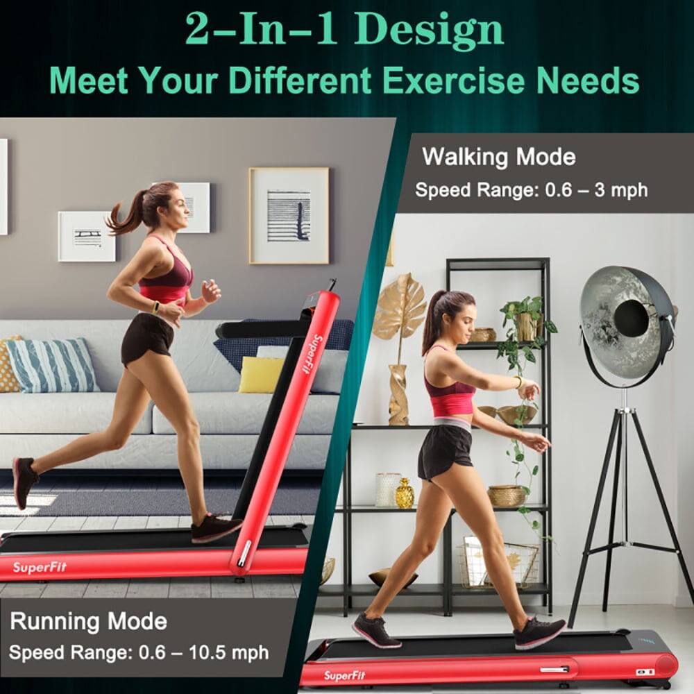 2-In-1 Design  
Meet Your Different Exercise Needs  

Walking Mode  
Speed Range: 0.6 - 3 mph  

Running Mode  
Speed Range: 0.6 - 10.5 mph  

SuperFit