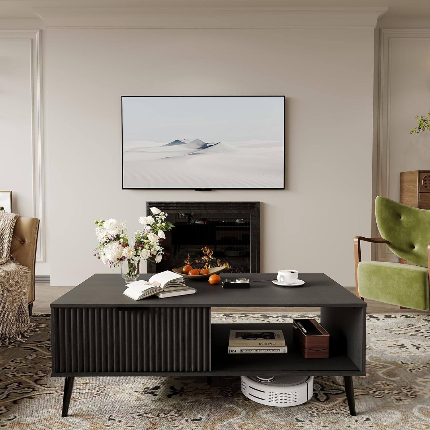 Alt View 4. GARVEE - 2-Tier Wooden Coffee Table with Sliding Door, Modern Cocktail Table with Storage, Black, Contemporary Living Room Table - Black.