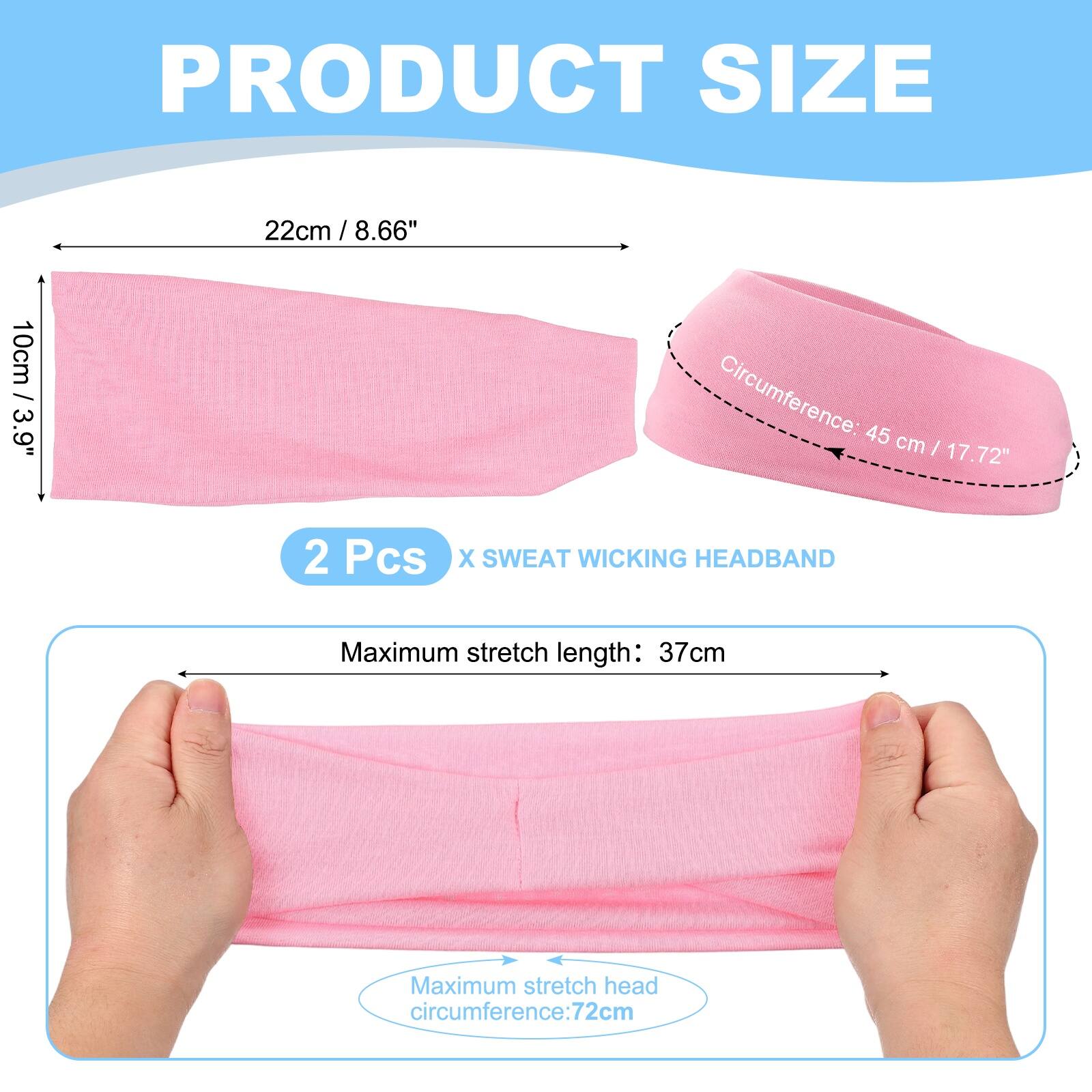 PRODUCT SIZE

22cm / 8.66"  
10cm / 3.9"  
Circumference: 45 cm / 17.72"  

2 Pcs X SWEAT WICKING HEADBAND  

Maximum stretch length: 37cm  
Maximum stretch head circumference: 72cm