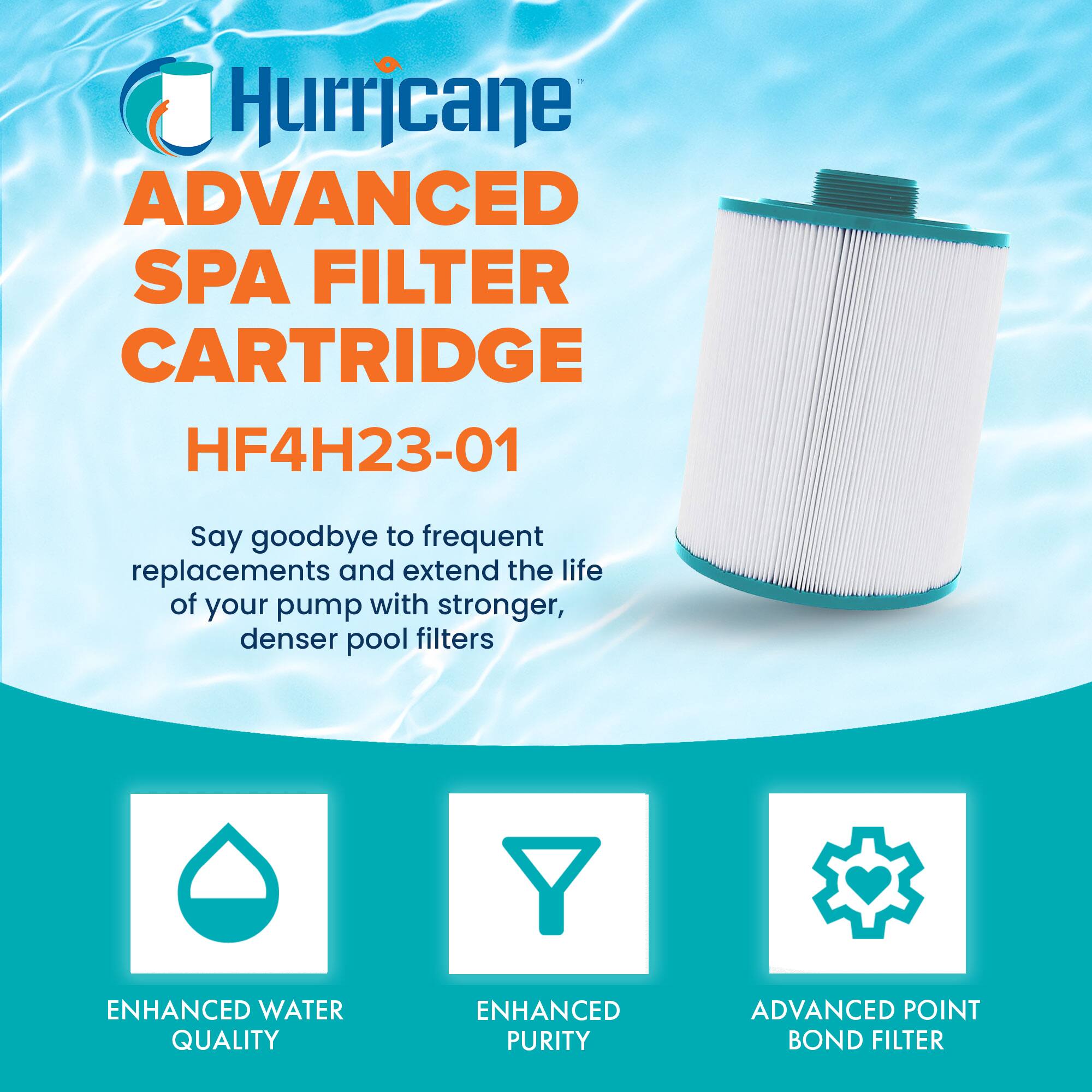 Hurricane ADVANCED SPA FILTER CARTRIDGE HF4H23-01

Say goodbye to frequent replacements and extend the life of your pump with stronger, denser pool filters

ENHANCED WATER QUALITY  
ENHANCED PURITY  
ADVANCED POINT BOND FILTER