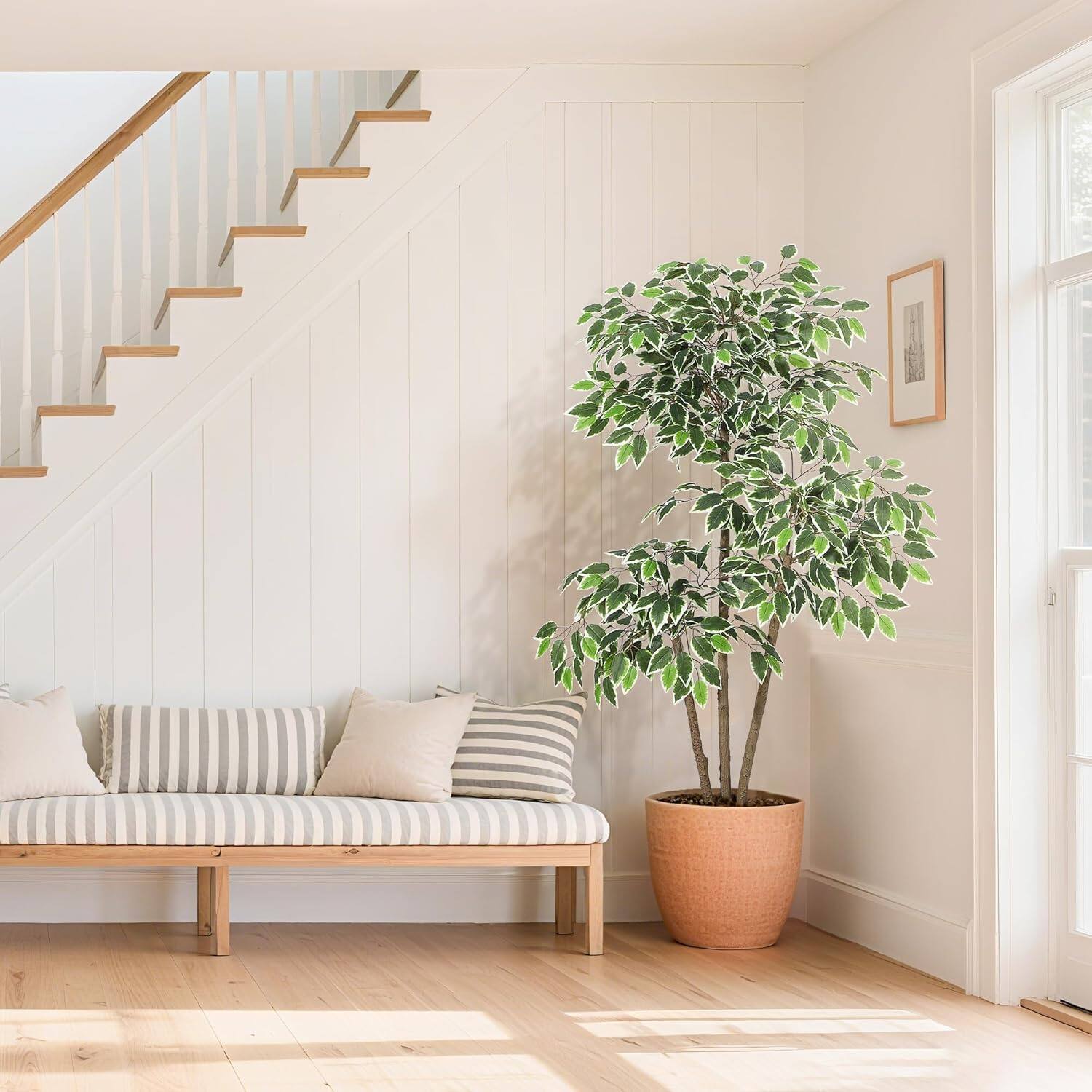 Alt View 4. Homhougo - 5ft Artificial Ficus Tree,Tall Faux Floor Plant with White Tall Planter -Fake Plants for Home Decor Indoor - Green.