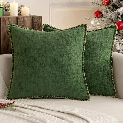 Front. FINEAK - Soft Chenille Pack of 2 Couch Throw Pillow Covers 18x18 Inch - Moss Green.