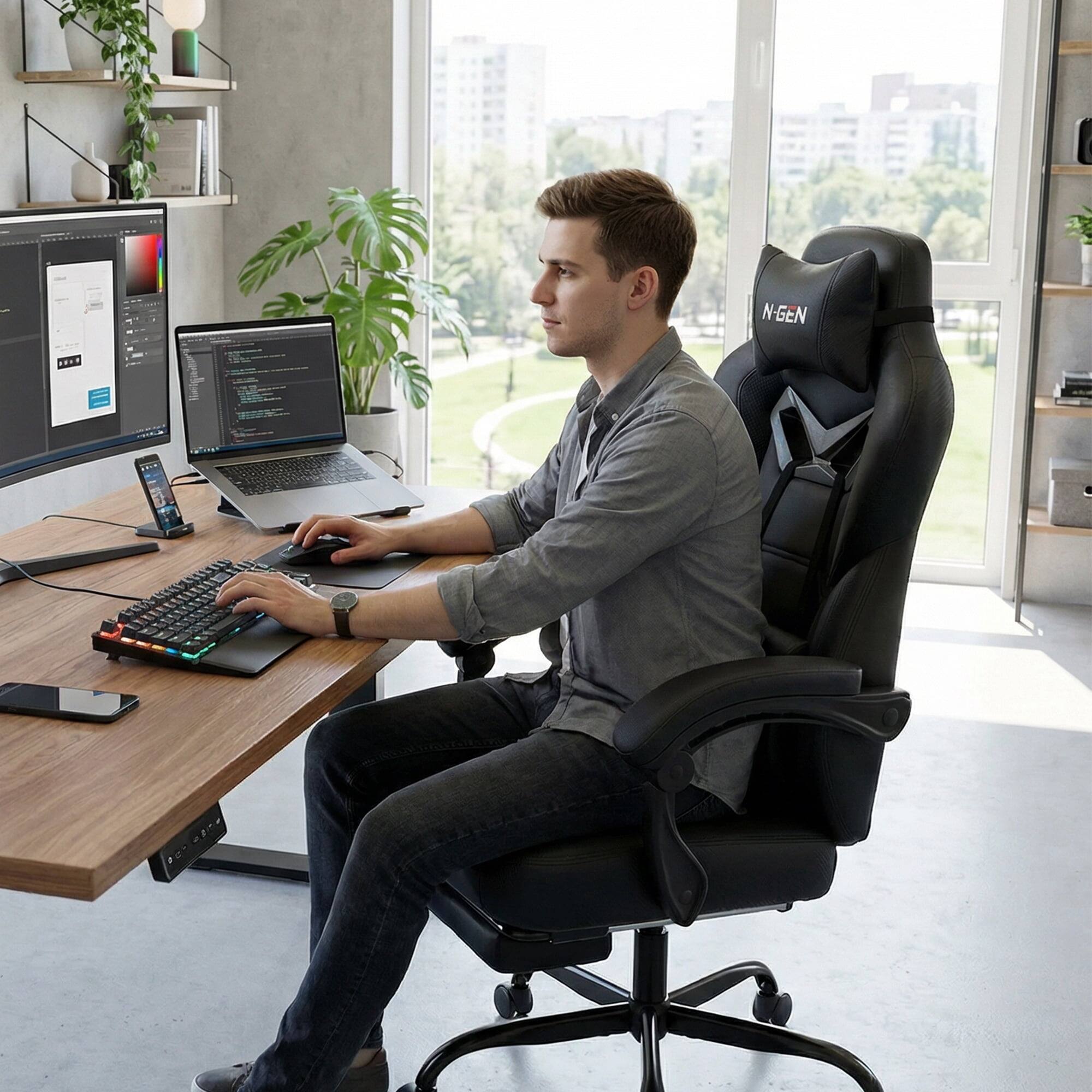 Alt View 5. Neo Chair - Big and Tall Gaming Chair with Footrest for Adults, Heavy Duty Gamer Chair with Headrest and Lumbar Support - Big & Tall Black.