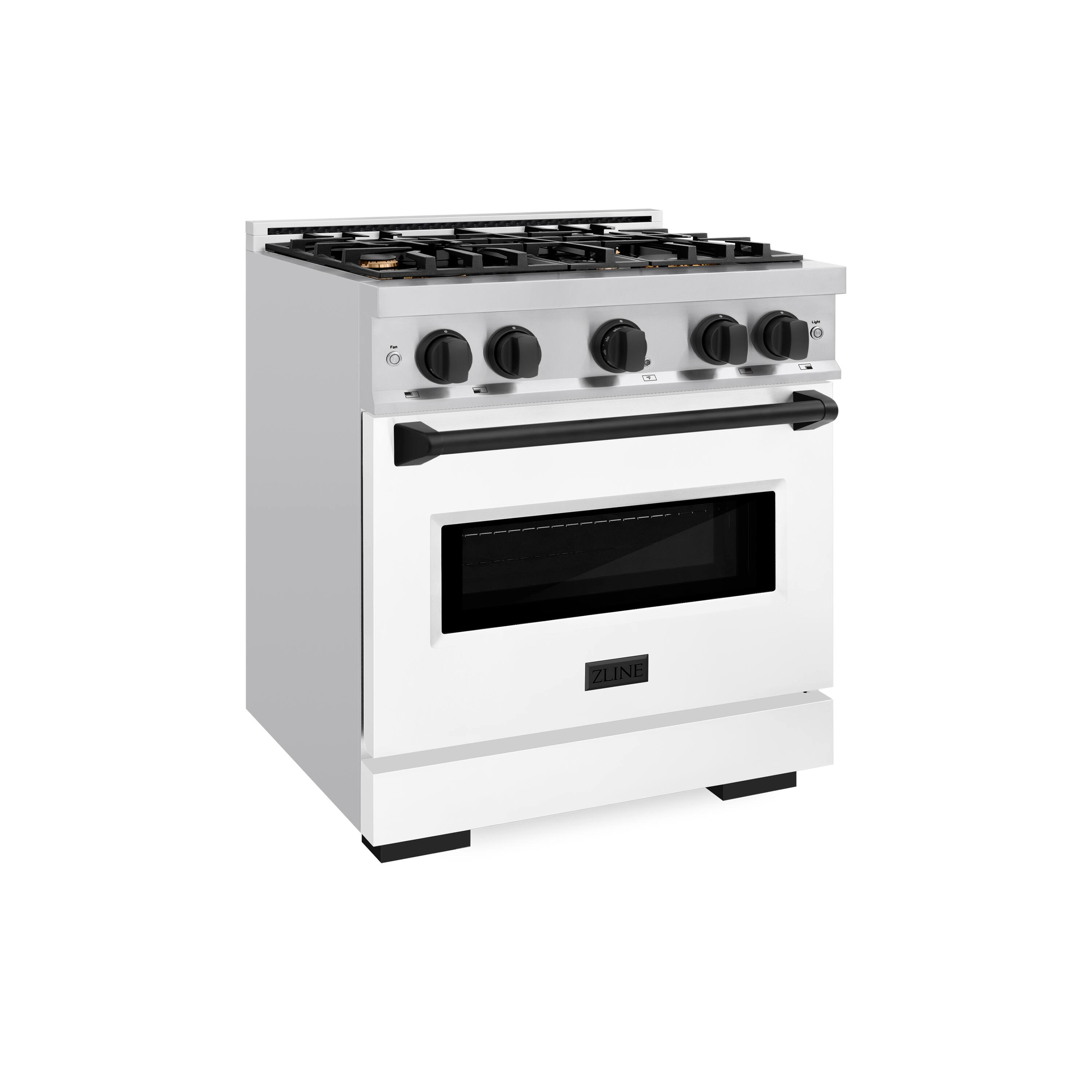 Angle. ZLINE - Autograph 30" Classic Dual Fuel Range with Black Accents (CDRZ-WM-30-MB) - White Matte.