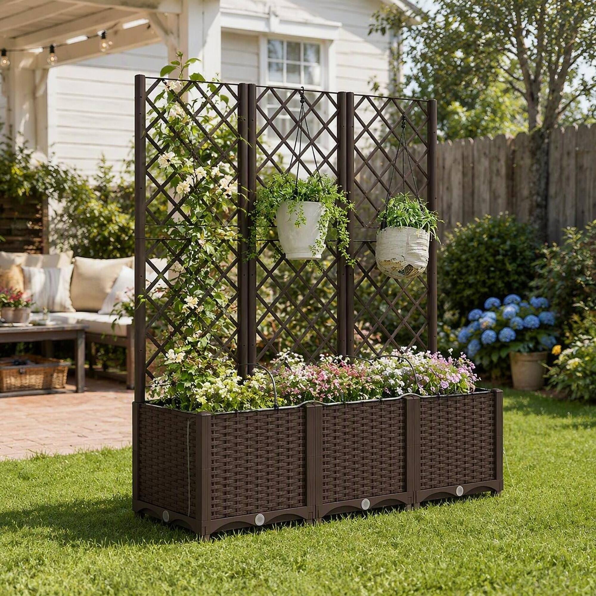 Alt View 1. RYHNUYNE - Self-Watering Raised Garden Bed with Trellis, 3-Tier Modular Planter Box in Brown PP, 47.2x15.7x53.5 Inches - Brown.