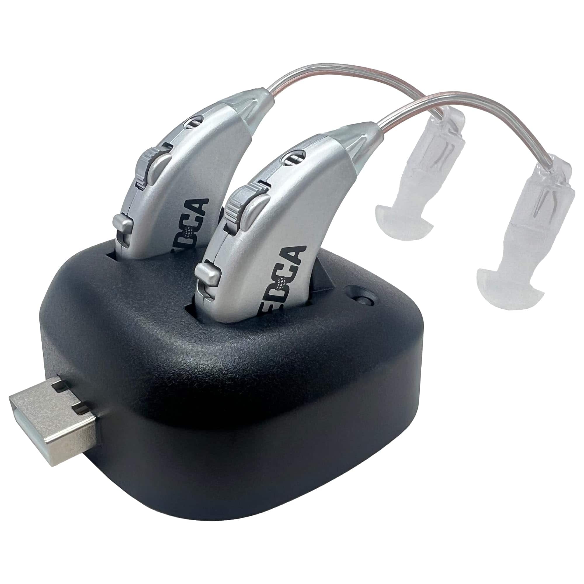 Digital Hearing Amplifiers - Rechargeable BTE Personal Sound Amplifier Pair with USB Dock by MEDca - Silver