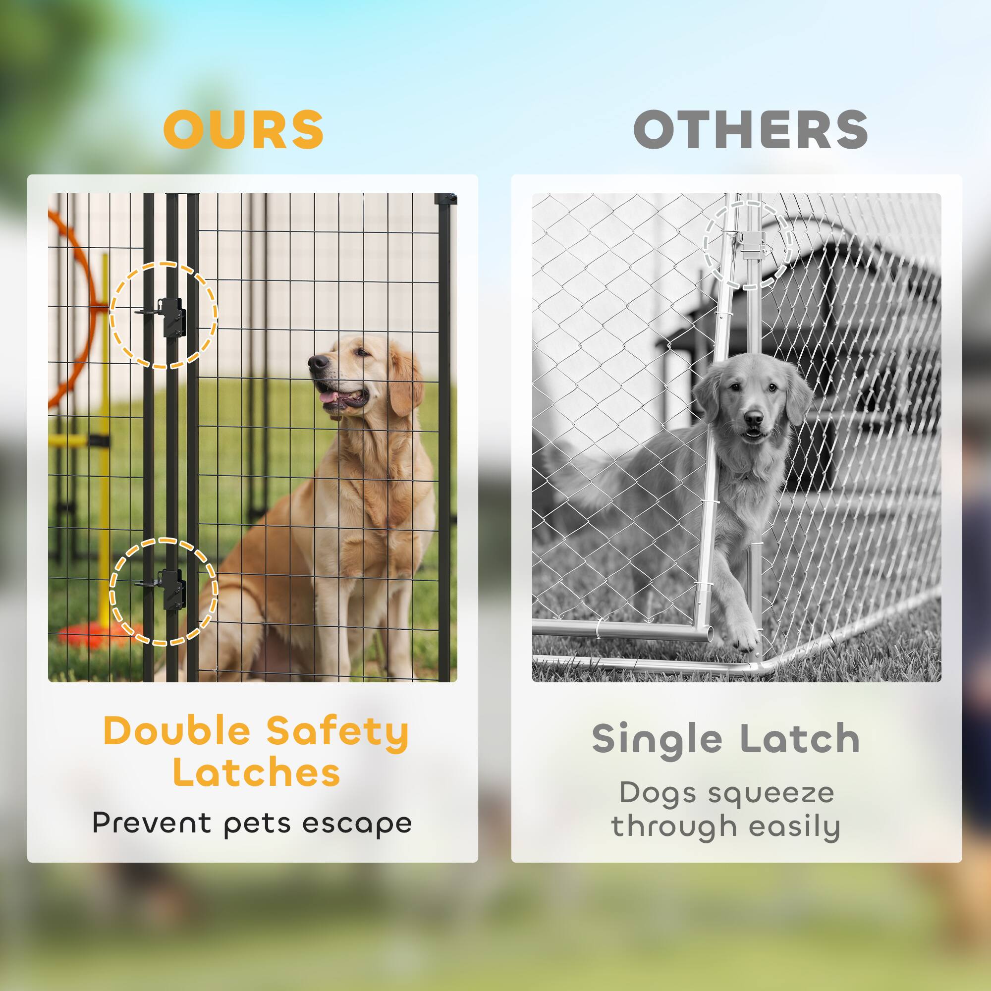 OURS

Double Safety Latches  
Prevent pets escape

OTHERS

Single Latch  
Dogs squeeze through easily