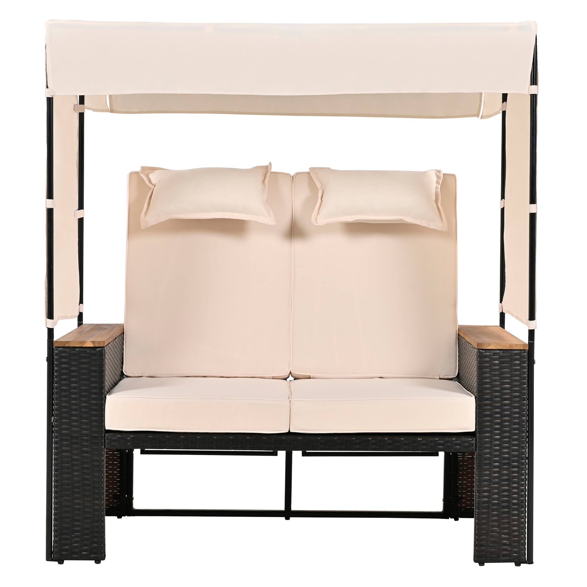 Alt View 8. Siljoy - TREXM 2-Piece Rattan Daybed, 5-Position Adjustable Outdoor Loveseat with Canopy & Cushions, Brown Wicker + Beige Fabric - Beige.