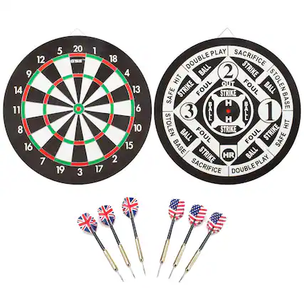 The text on the image can be grouped as follows:
**Dartboard on the left:**
- Numbers: 1, 2, 3, 4, 5, 6, 7, 8, 9, 10, 11, 12, 13, 14, 15, 16, 17, 18, 19, 20
- GSE
**Dartboard on the right:**
- Text: DOUBLE PLAY, SACRIFICE, STRIKE, HIT, OUT, STOLEN, SAFE, BALL, FOUL, HR, BASE
**Darts:**
- Text: 1, 2, 3, 4, 5, 6, 7, 8, 9, 10, 11, 12, 13, 14, 15, 16, 17, 18, 19, 20, H, I, I, H