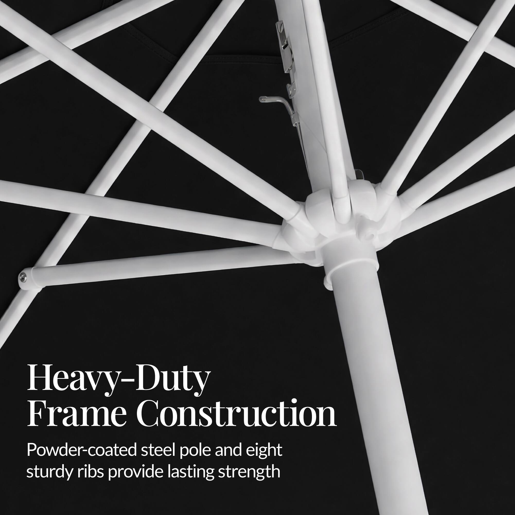 Heavy-Duty Frame Construction  
Powder-coated steel pole and eight sturdy ribs provide lasting strength
