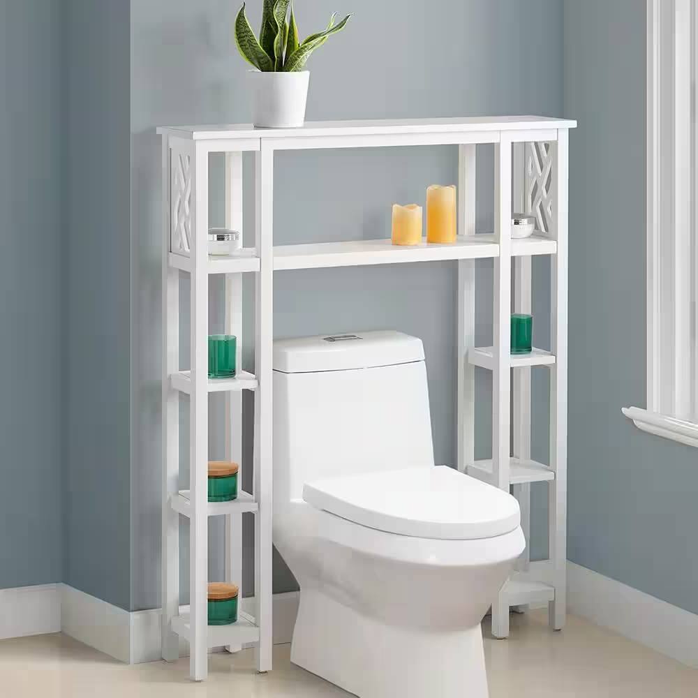 Angle. Hivvago - Over the Toilet Bathroom Shelving Unit with 9-Shelves in White Wood Finish - White.