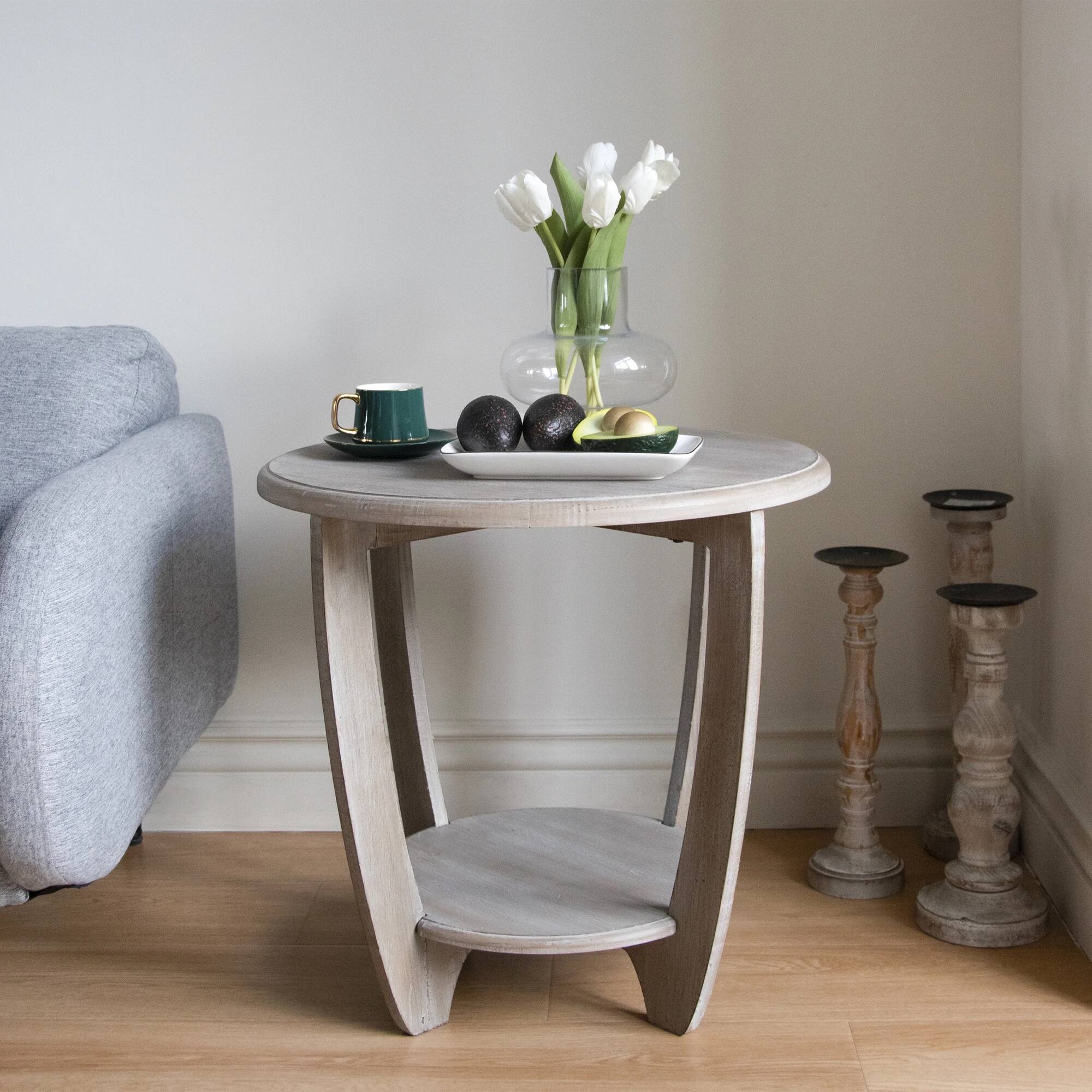 Alt View 4. COZAYH - COZAYH Rustic Farmhouse Wooden End Table with Storage Shelf, Vintage Grey Finish - Vintage Grey.