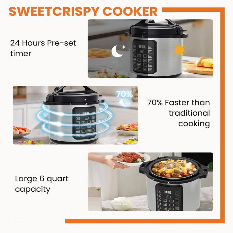 SWEETCRISPY COOKER, 24 Hours Pre-set timer, 70% Faster than traditional cooking, Large 6 quart capacity