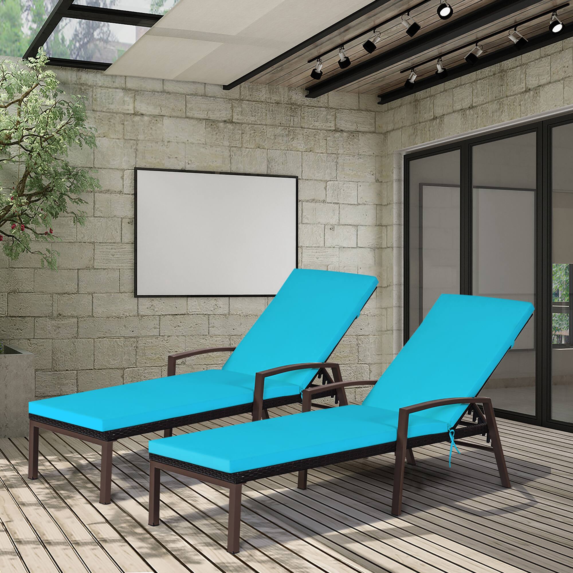 Alt View 3. Costway - 2PCS Patio Rattan Lounge Chair Chaise Recliner Back Adjustable Cushioned - Turquoise.