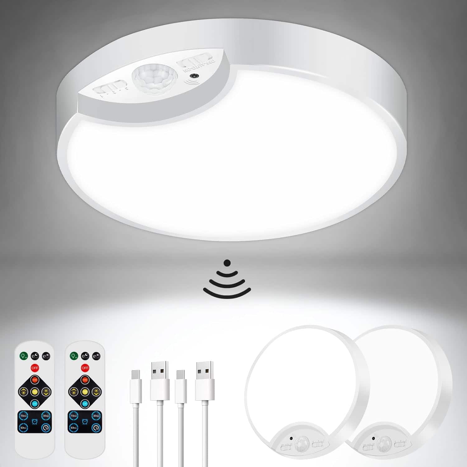 Nordic Hygge - 2-Pack Rechargeable Battery Operated Motion Sensor Ceiling Lights with Remotes, 3500K/4500K/6500K - White