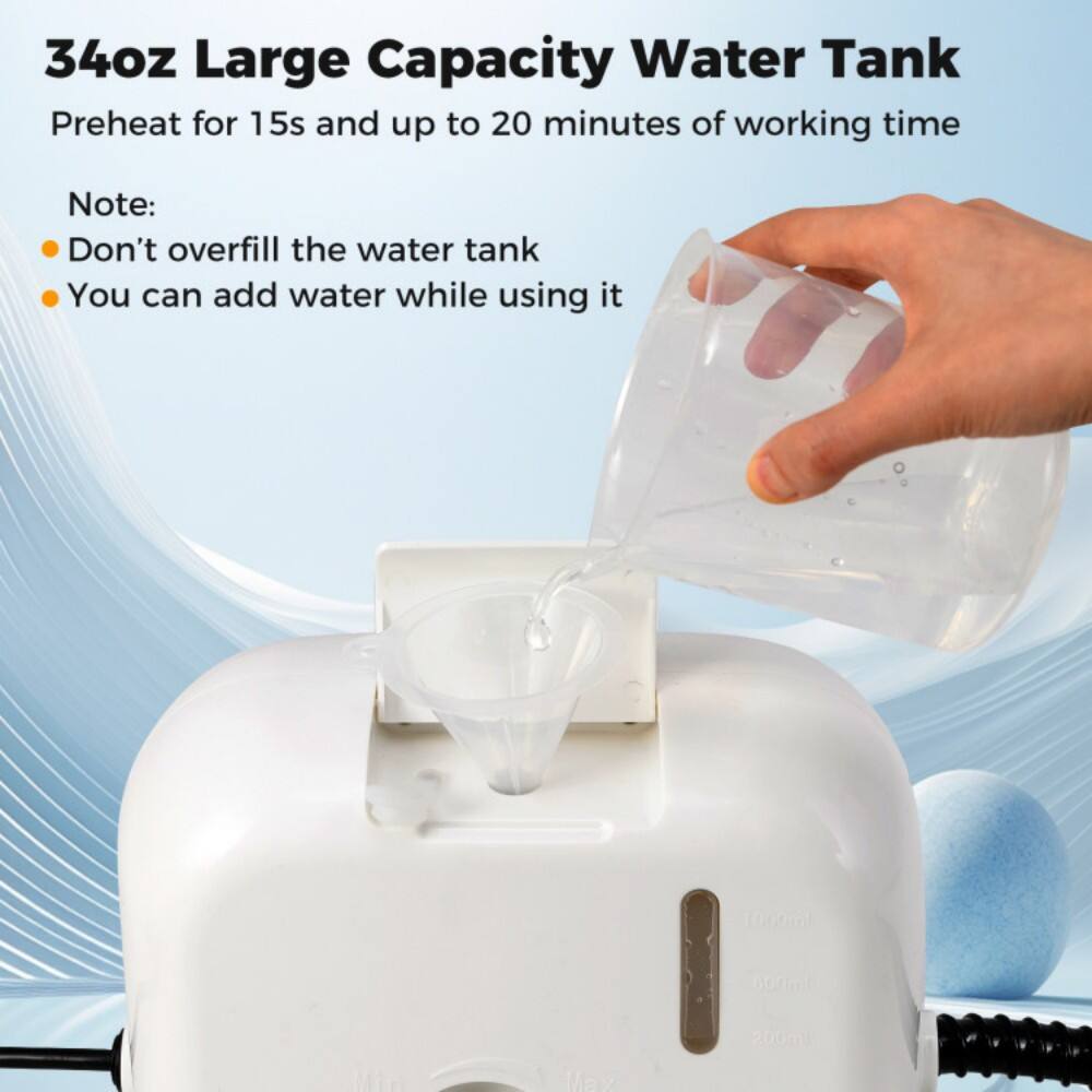 34oz Large Capacity Water Tank  
Preheat for 15s and up to 20 minutes of working time  

Note:  
- Don't overfill the water tank  
- You can add water while using it  

1000ml  
600ml  
200ml Min