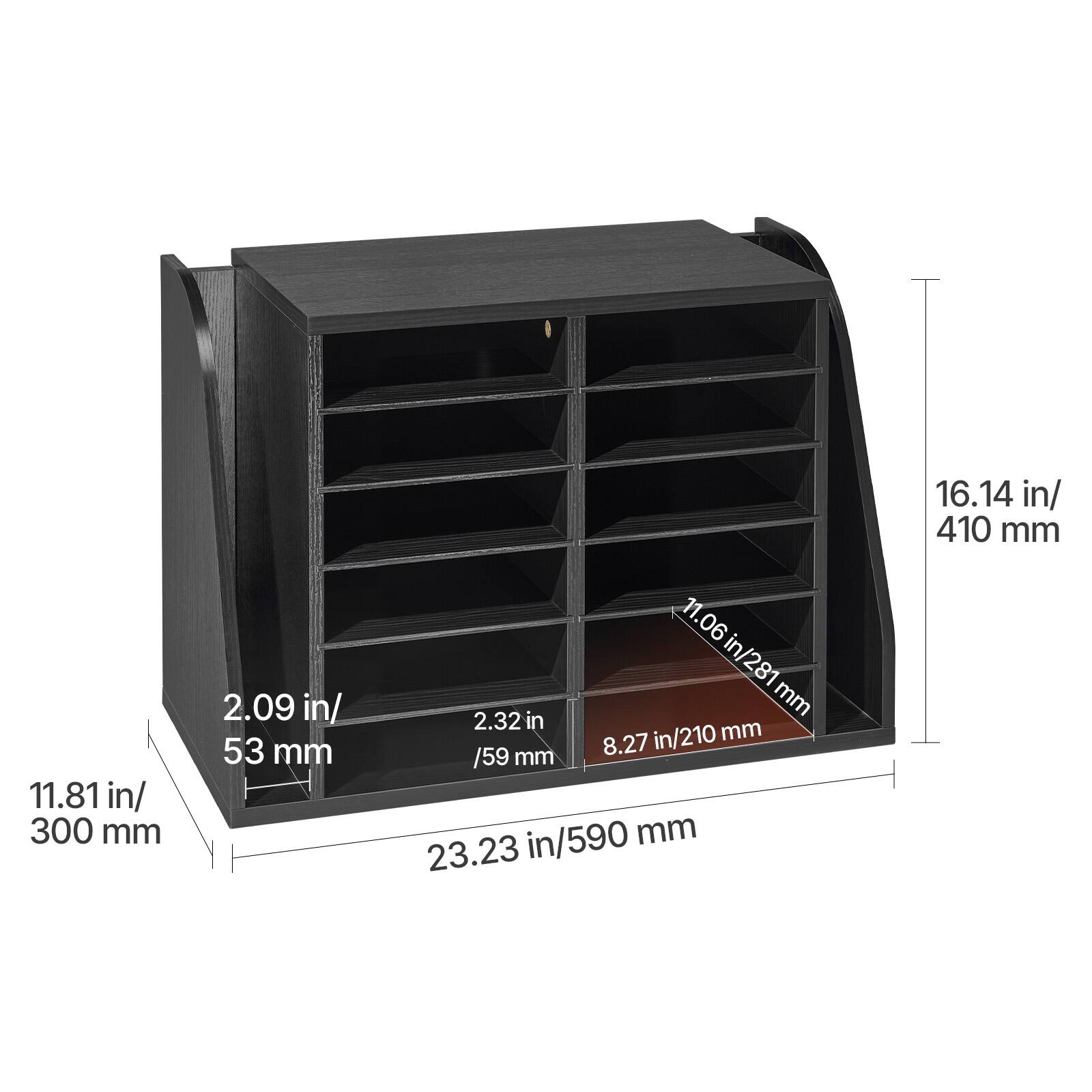 11.81 in/ 300 mm  
2.09 in/ 53 mm  
11.06 in/ 281 mm  
2.32 in/ 59 mm  
8.27 in/ 210 mm  
23.23 in/ 590 mm  
16.14 in/ 410 mm