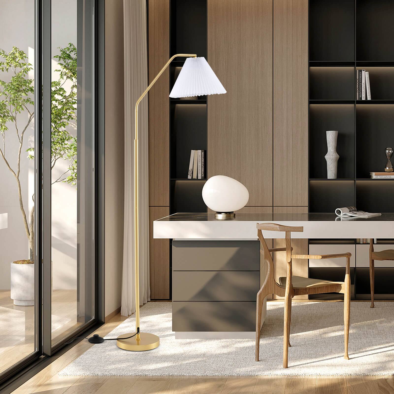 Alt View 4. Costway - Costway 66" Arc Floor Lamp with Adjustable Lamp Head, Pleated Lampshade & Foot Switch - Gold + White.