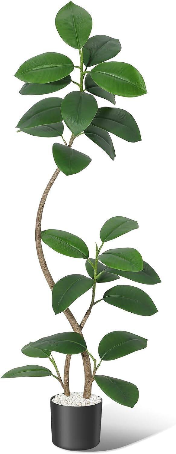 Front. Homhougo - 5FT Artificial Plants Rubber Tree with Black Resin Pot& White Stone Faux Fiddle Leaf Fig Tree, Indoor Artificial Tree - Black Planter White Pebbles.