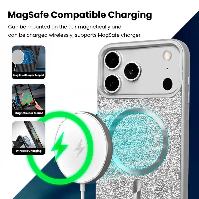 MagSafe Compatible Charging  
Can be mounted on the car magnetically and can be charged wirelessly, supports MagSafe charger.  

MagSafe Charger Support  
Magnetic Car Mount  
Wireless Charging