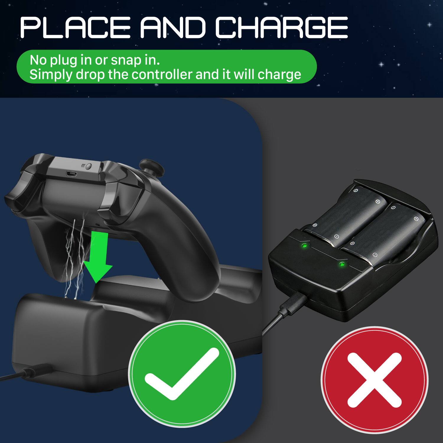 PLACE AND CHARGE
No plug in or snap in.
Simply drop the controller and it will charge I X