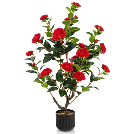 Front. Gymax - Gymax 38'' Artificial Camellia Tree Faux Floral Plant Fake Tree for Decoration Red - Red.