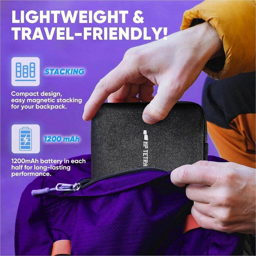 LIGHTWEIGHT & TRAVEL-FRIENDLY!

STACKING  
Compact design, easy magnetic stacking for your backpack.

1200 mAh  
1200mAh battery in each half for long-lasting performance.

HP TETRA