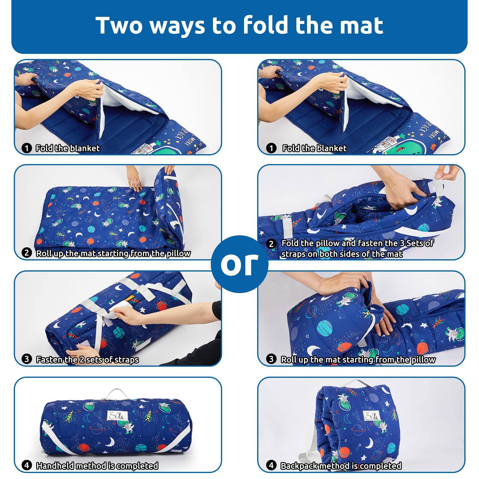 Two ways to fold the mat

1. Fold the blanket
2. Roll up the mat starting from the pillow
3. Fasten the 2 sets of straps
4. Handheld method is completed

or

1. Fold the blanket
2. Fold the pillow and fasten the 3 sets of straps on both sides of the mat
3. Roll up the mat starting from the pillow
4. Backpack method is completed