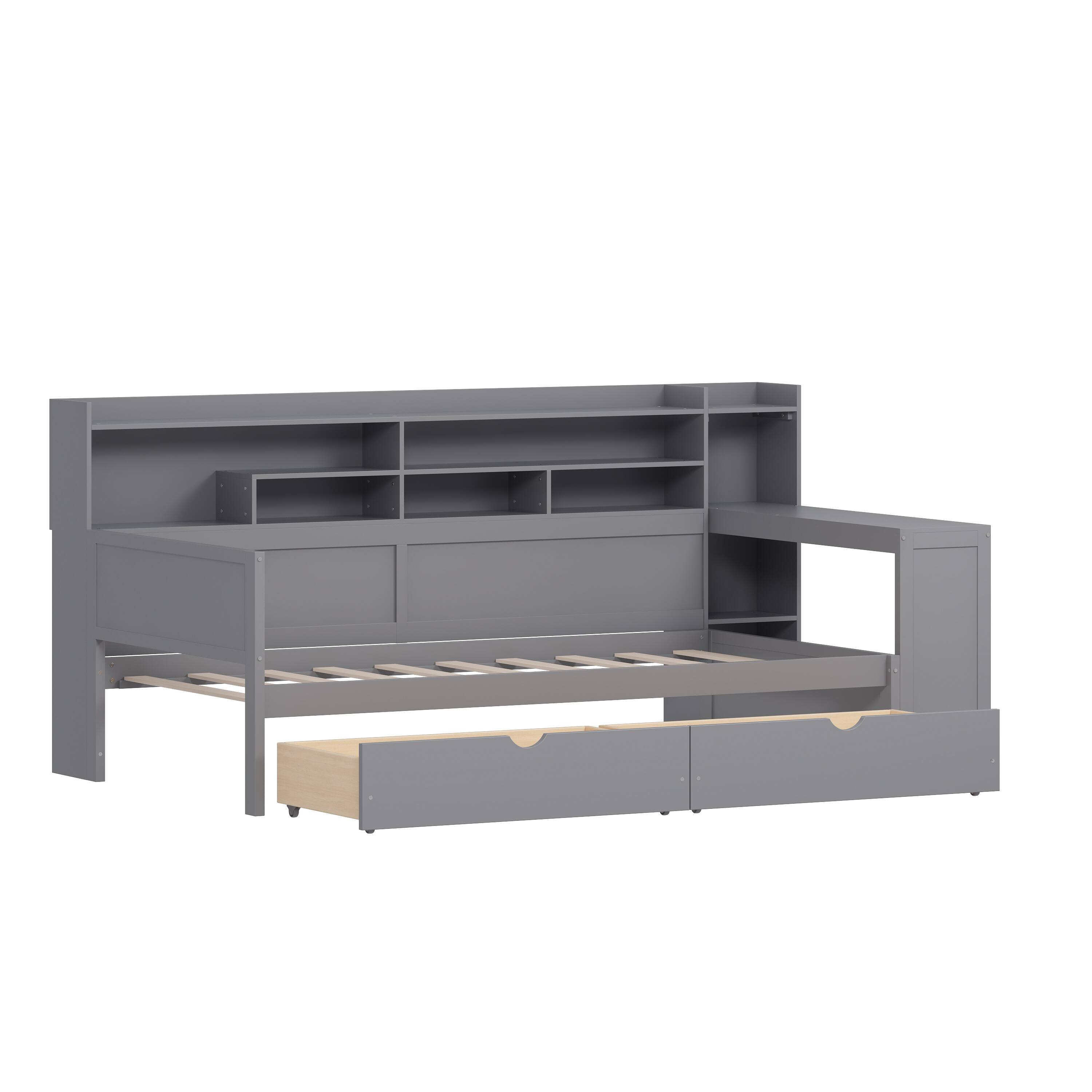 Alt View 6. Tiramisubest - Wooden Twin Size Daybed with Storage Shelves, Multi-functional Bed with Two Storage Drawers and  Study Desk, Gray - Gray.
