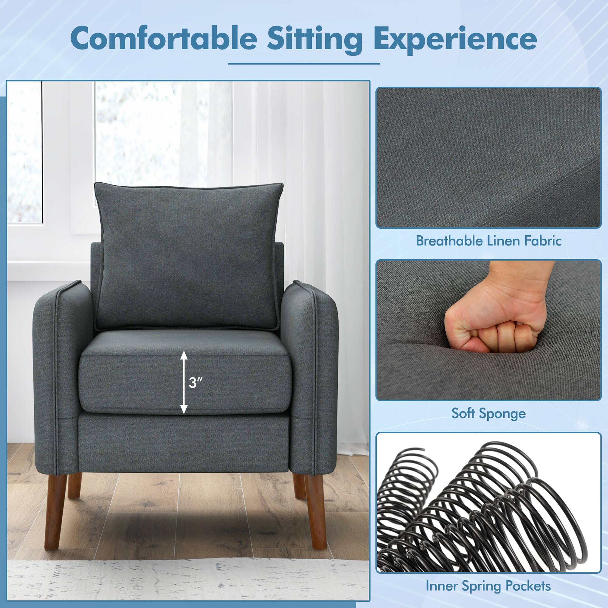Comfortable Sitting Experience

- Breathable Linen Fabric
- Soft Sponge
- Inner Spring Pockets
- 3"