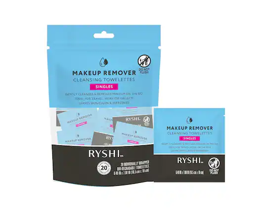 DO NOT FLUSH
CLEANSING TOWELETTES SINGLES
GENTLY CLEANSES & REMOVES MAKEUP ON THE GO
IDEAL FOR TRAVEL, WORK OR THE GYM
LEAVES SKIN CLEAN & REFRESHED
RYSHI
RYSHI
MAKEUP REMOVER CLEANSING TOWELETTES SINGLES
GENTLY CLEANSES & REMOVES MAKEUP ON THE GO
IDEAL FOR TRAVEL, WORK OR THE GYM
LEAVES SKIN CLEAN & REFRESHED
RYSHI
20 INDIVIDUALLY WRAPPED BIO-DEGRADABLE TOWELETTES
6.49 IN x 7.08 IN (16.5 cm x 18 cm)