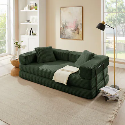 Front. Meqiodas - 81''Convertible Sofa Bed, Folding Floor Couch with Square Armrest, Comfy Sleeper Mattress for Living Room - Green.
