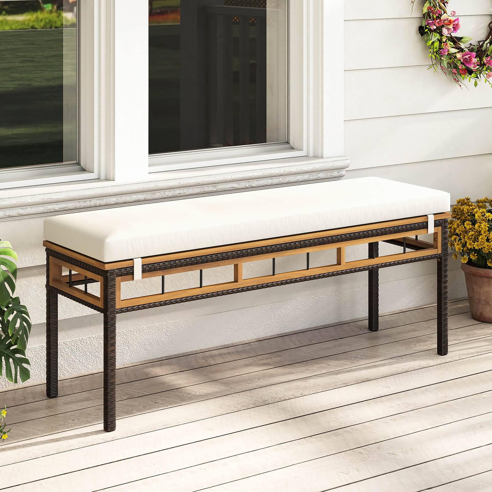 Alt View 1. Costway - Costway 48" Wicker Patio Bench with Acacia Wood Seat Removable Padded Cushion for Garden - Natural,Mix Brown.