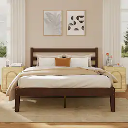 Bestier - Solid Wood Farmhouse Platform Bed Frame with Headboard, No Box Spring Needed, 6.5" Under Bed Storage & Quiet Design - Pine Walnut