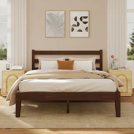 Front. Bestier - Solid Wood Farmhouse Platform Bed Frame with Headboard, No Box Spring Needed, 6.5" Under Bed Storage & Quiet Design - Pine Walnut.