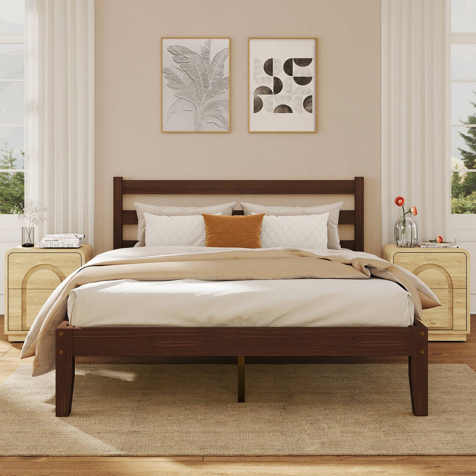 Left. Bestier - Solid Wood Farmhouse Platform Bed Frame with Headboard, No Box Spring Needed, 6.5" Under Bed Storage & Quiet Design - Pine Walnut.