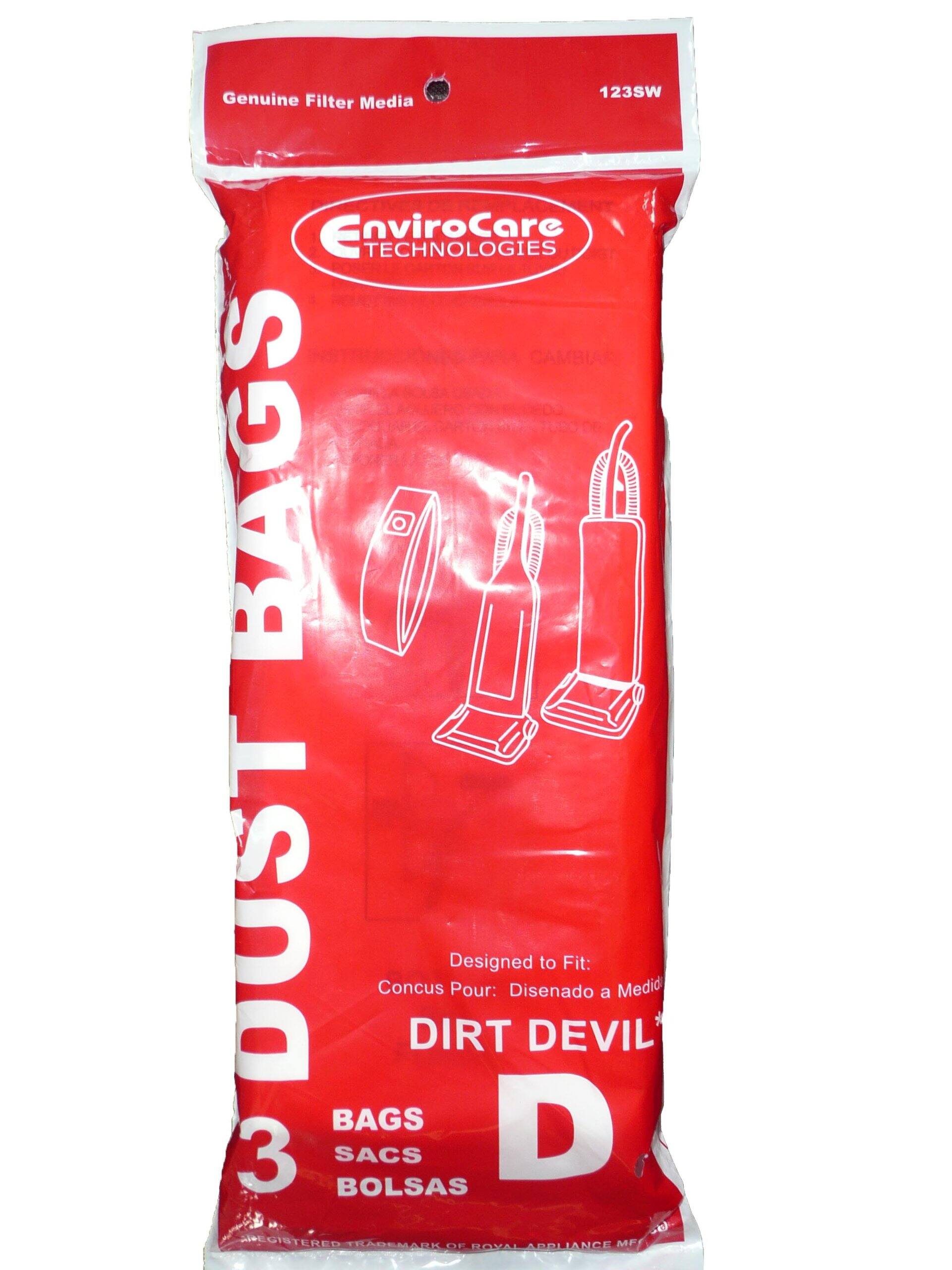 123SW  
Genuine Filter Media  
EnviroCare Technologies  

DUST BAGS  
Designed to Fit:  
Concus DIRT DEVIL  
D  
3 BAGS  
SACS  
BOLSAS  

REGISTERED TRADEMARK OF ROYAL APPLIANCE MFG.