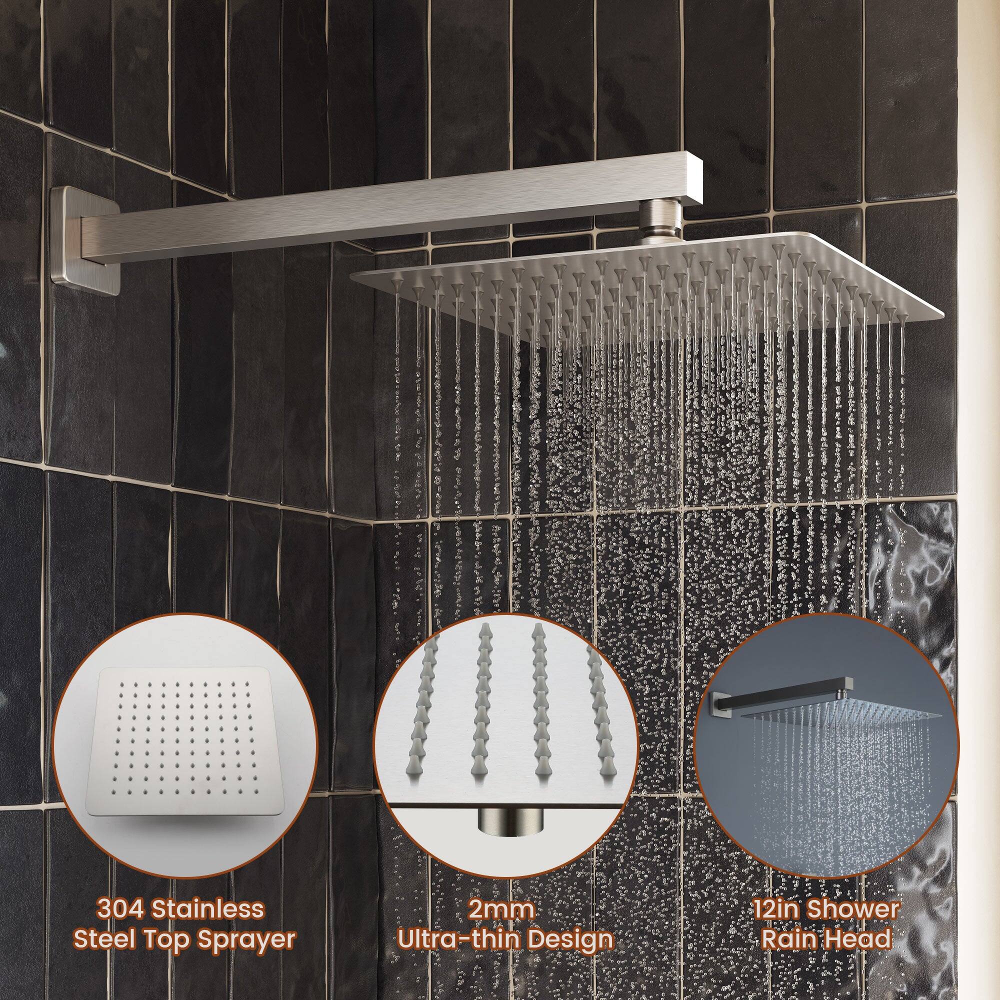304 Stainless Steel Top Sprayer, 2mm Ultra-thin Design, 12in Shower Rain Head