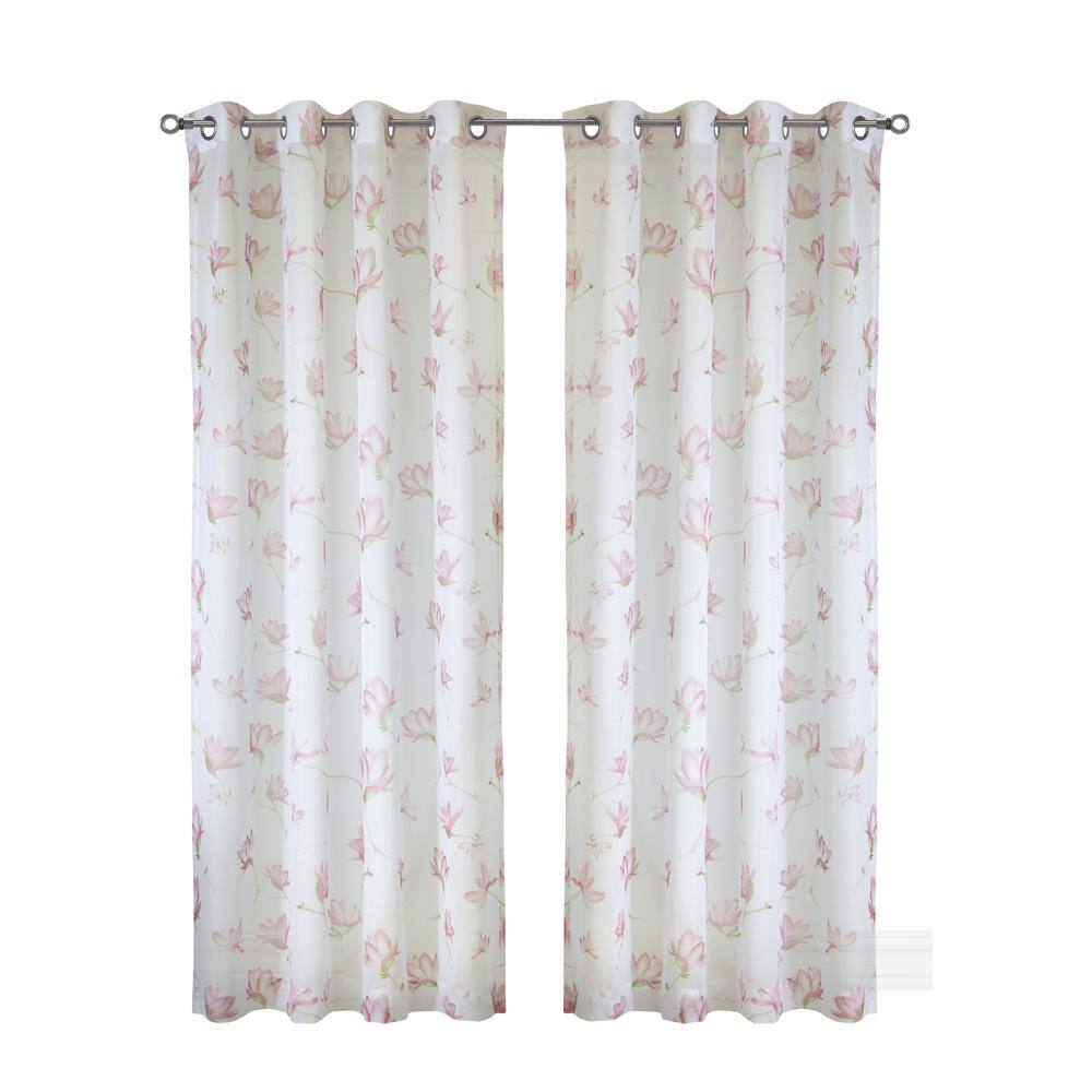 Front. Commonwealth Home Fashions - Habitat Magnolia Light Filtering Pink Watercolor Floral Print Grommet Curtain Panel 52" x 95" White Pink - White Pink.
