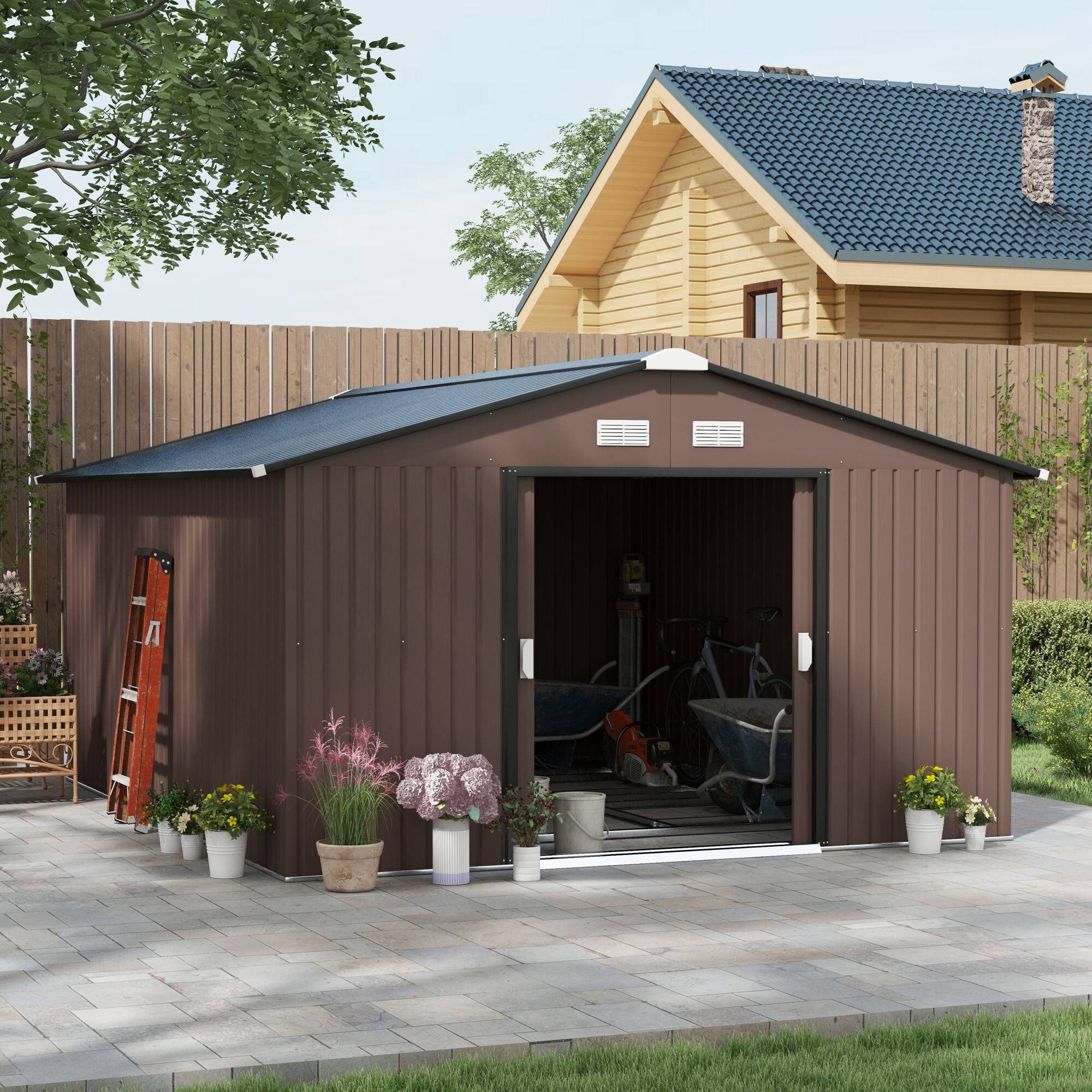 Alt View 1. Outsunny - 11' x 13' Outdoor Storage Shed, Garden Tool Metal Shed with Foundation Kit, Double Lockable Door.