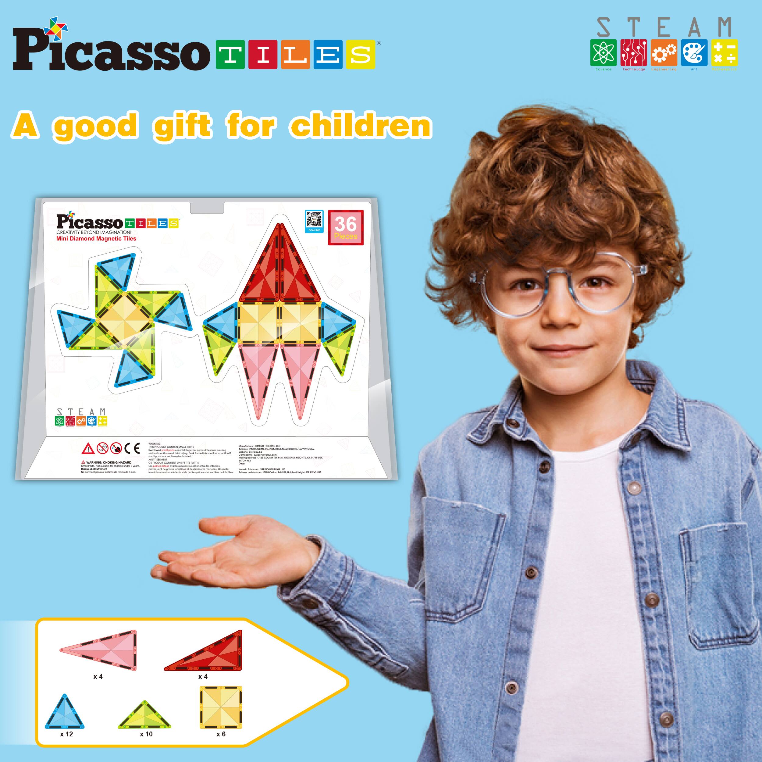 Picasso TILES  
A good gift for children  

Picasso TILES  
Mini Diamond Magnetic Tiles  
36 pieces  

STEAM  

x4 pink triangles  
x4 red triangles  
x12 green triangles  
x10 yellow triangles  
x6 squares