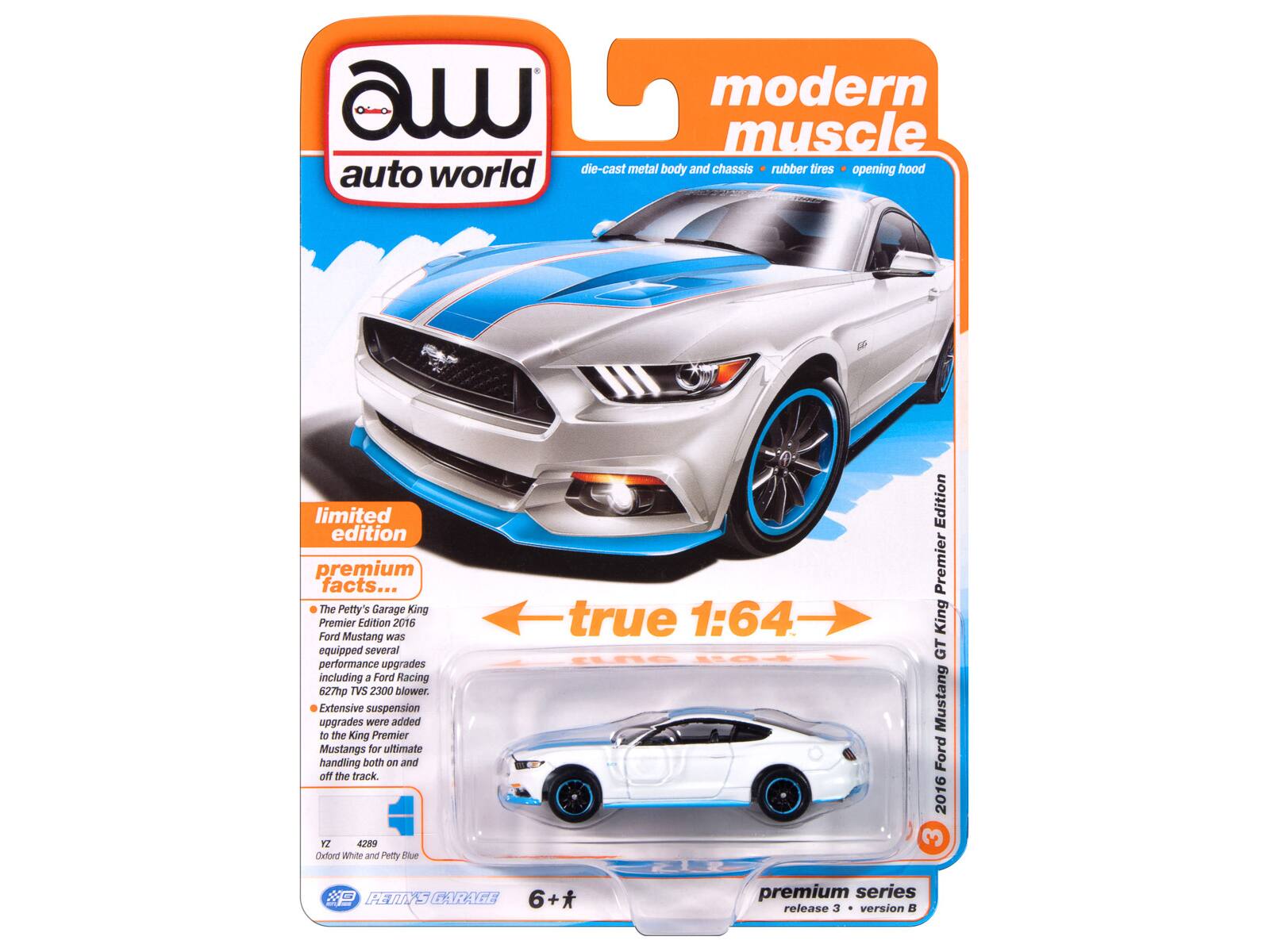 modern muscle auto world die-cast metal body and chassis rubber tires opening hood limited edition premium facts... The Petty's Garage King Premier Edition 2016 Ford Mustang was equipped several performance upgrades including a Ford Racing 527p TVS 2300 blower. Extensive suspension upgrades were added to the King Premier Mustangs for ultimate handling both on and off the track. YZ 4289 Oxford White and Petty Blue true 1:64 ELAG 10 Edition Premier King GT Mustang Ford 2016 3 PETINS GARAGE 6+* premium series release 3 version