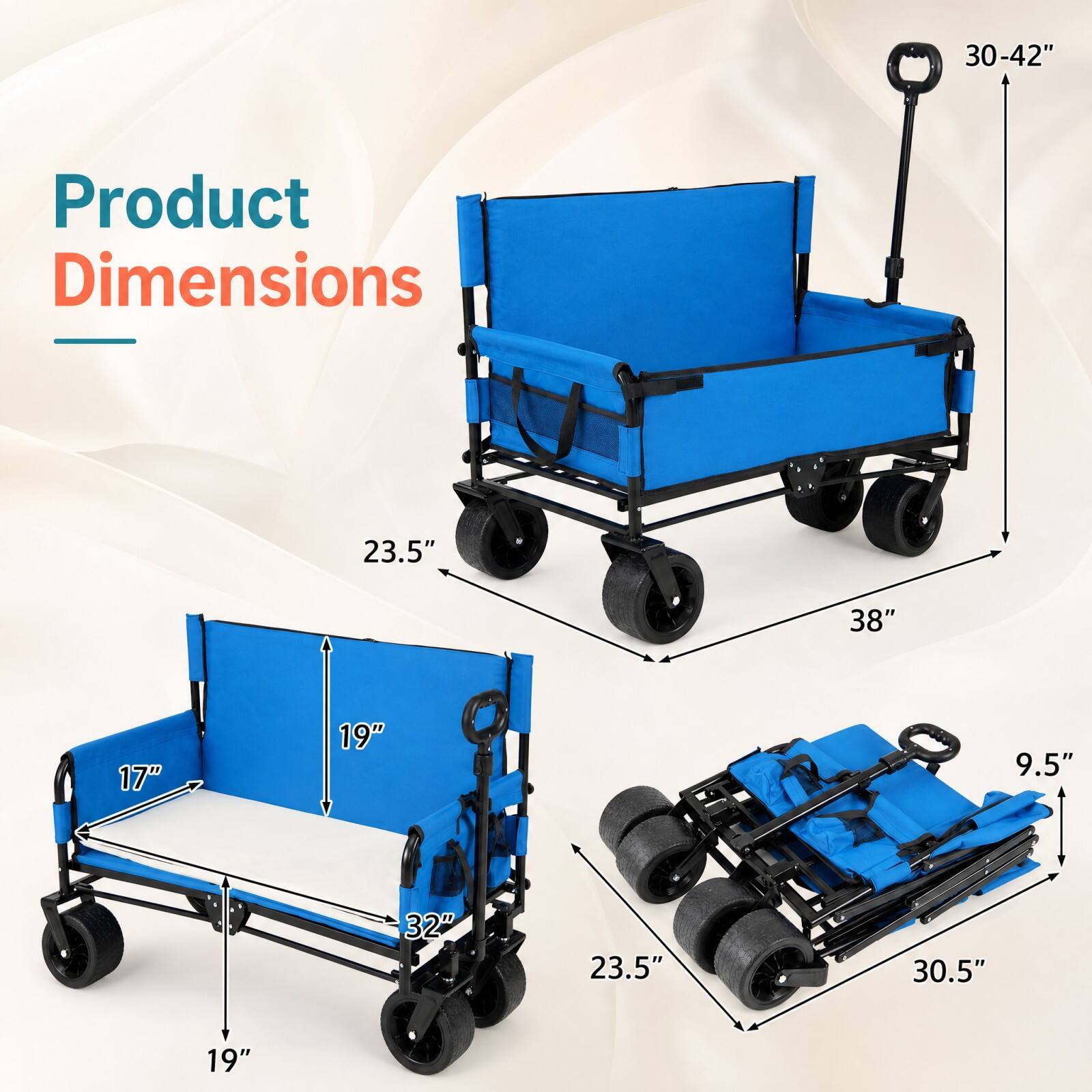 30-42"  
Product Dimensions  
23.5"  
38"  
17"  
19"  
9.5"  
32"  
23.5"  
30.5"  
19"
