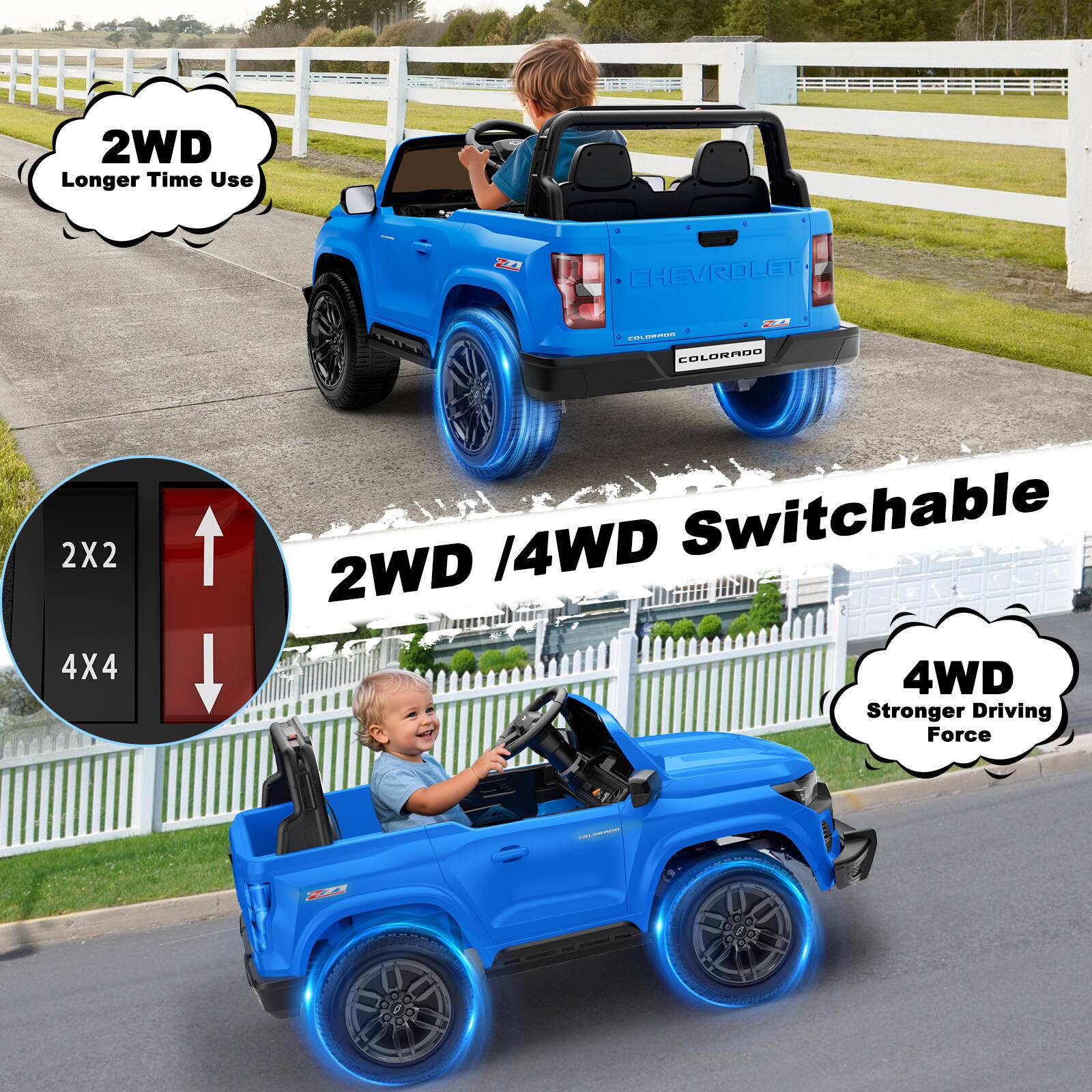 2WD Longer Time Use

ZZA
CHEVROLET
COLORADO
2X2 4X4
2WD / 4WD Switchable
4WD Stronger Driving Force